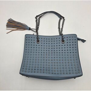 CARLOS BY CARLOS SANTANA GRAY STUDDED TOTE BAG WITH CHAIN STRAPS AND TASSEL